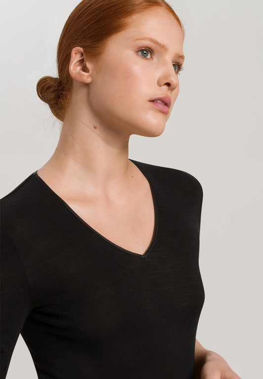 HANRO Black Woolen Silk Short Sleeve Shirt